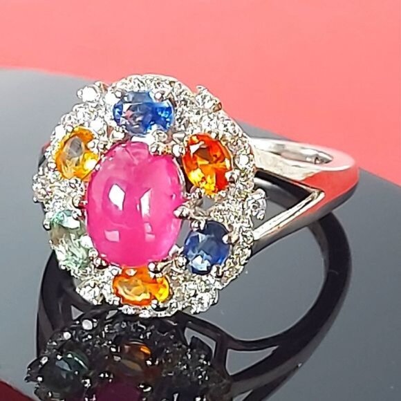 Natural‎ Ruby & Multi-color Sapphire 925 Sterling Silver Ring Sz 8 - Picture 7 of 7